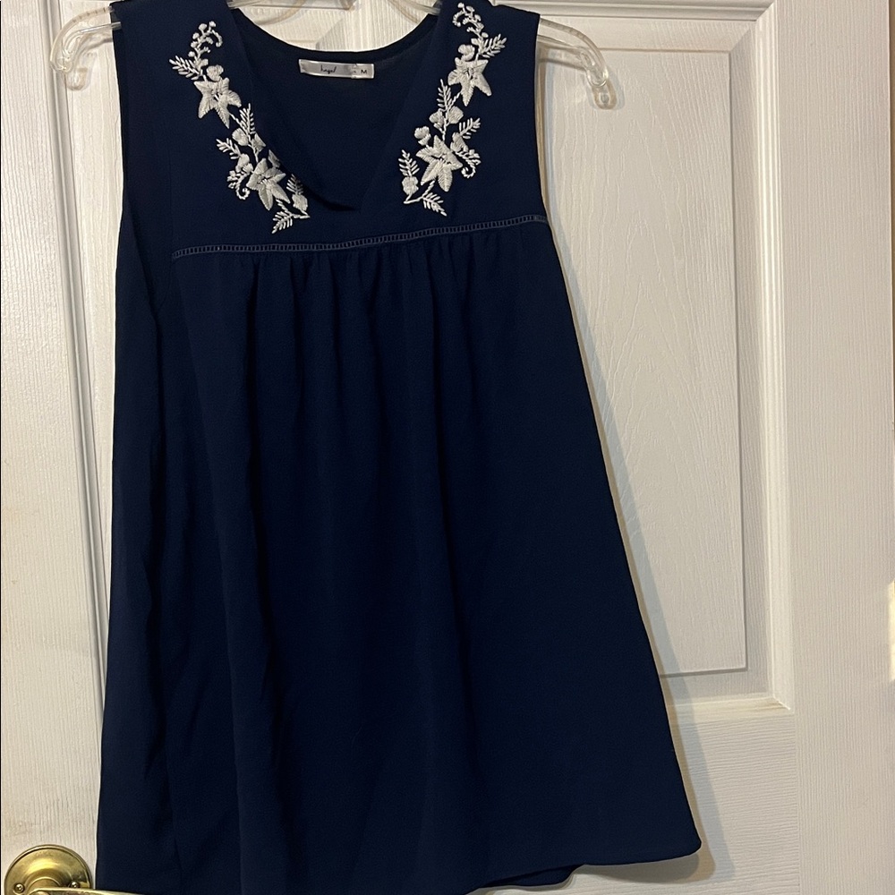 Hazel Navy Sleeveless Top with White Floral Detail